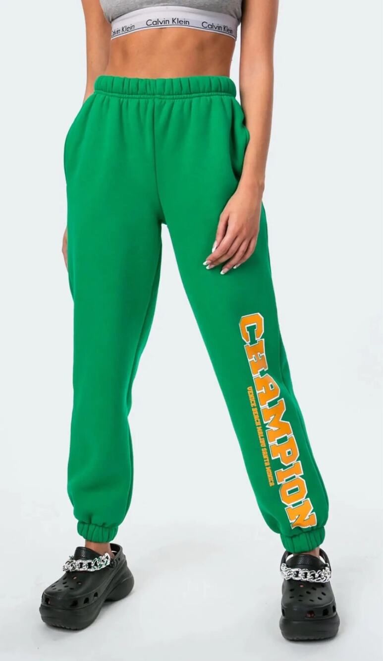 Edikted Size Medium Champion Green Graphic Fleece Jogger Sweatpants